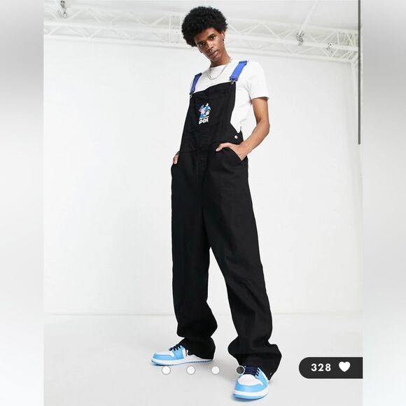 ASOS Design NWT Baggy Overalls in Black w Postman Pat Logo and Contrast Straps - Picture 1 of 5